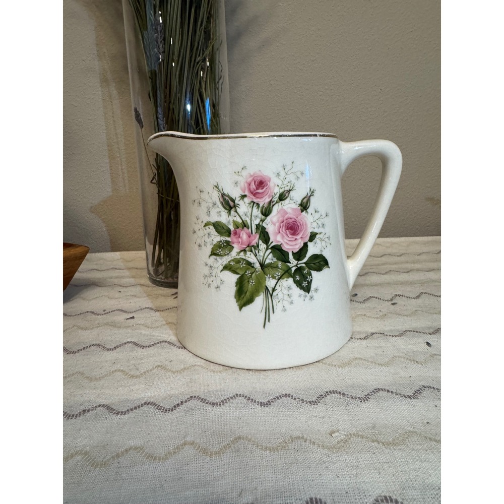 Vintage Pink Rose Floral Ceramic Pitcher Cream Gold Trim USA Pottery Crazing